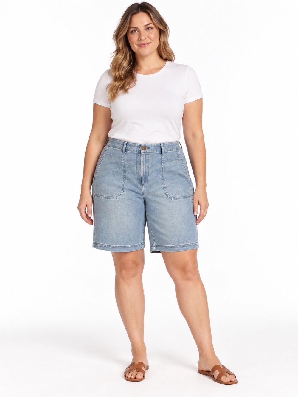 J.Jill Denim Size 12 Light Wash High Rise Bermuda Shorts Patch Pockets